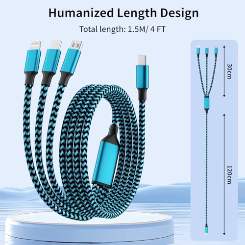 3 in 1 Multi Charging Cable Fast Charging 100W, USB C Cable 4FT 1Pack - color: Sky Blue&Black