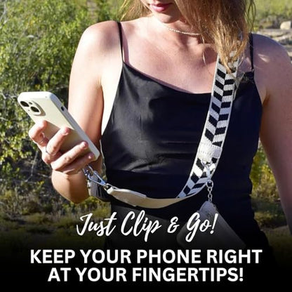 Save the Girls Clip & Go Phone Lanyard with Wallet Pouch, Chevron - color: Black/Cream Chevron Strap