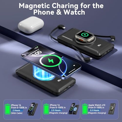 Magnetic 10000mAh Portable Charger for iWatch & iPhone, PD Fast Charging Wireless Power Bank Built-in Cables and Wall Plug, External Travel Battery Pack Compatible with iOS Android Phones - color: Black