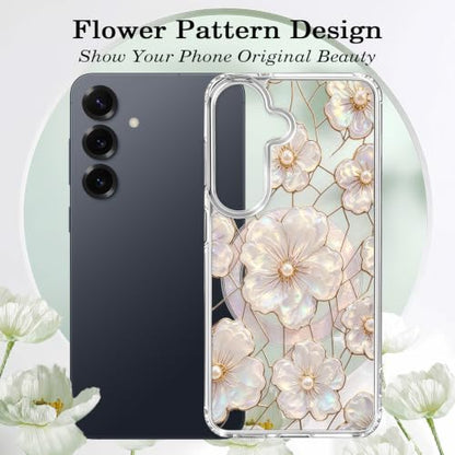 for Samsung Galaxy S24/S25 Magnetic Case【Compatible with MagSafe】 Aesthetic Oil Painting Stained Glass Flower Design, Slim Fit Hard PC Back Shockproof Cute Clear Phone Cover, Light Pink - color: Light Pink, size: Galaxy S25/S24