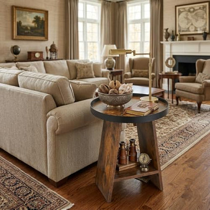 2-Tier Round End Table with 17.7 inch Tray Top, Rustic Brown - color: Rustic Brown