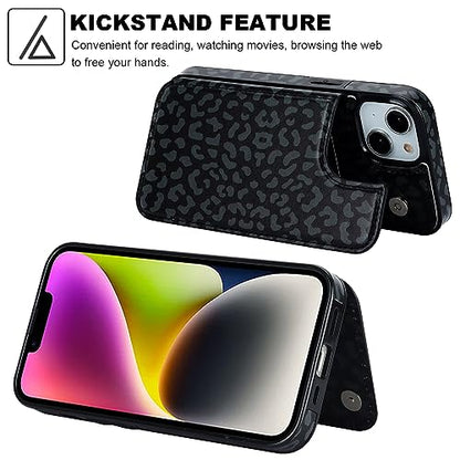 HAOPINSH for iPhone 13/14 Wallet Case with Card Holder, Black Leopard Cheetah Pattern Back Flip Case PU Leather Kickstand Card Slots Case for Women Girls, Double Magnetic Clasp Cover 6.1" - color: Black Leopard