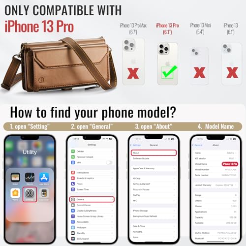 Strapurs Wallet Case Compatible with iPhone 13 Pro RFID Blocking 7-Card Holder Soft PU Leather Magnetic Snap Shoulder Strap Zipper Pocket Phone Case Fit for iPhone 13 Pro 6.1" - Brown | RFID Blocking 7-Card Holder, Shoulder Lanyard, Wirst Strap, Zipper Po