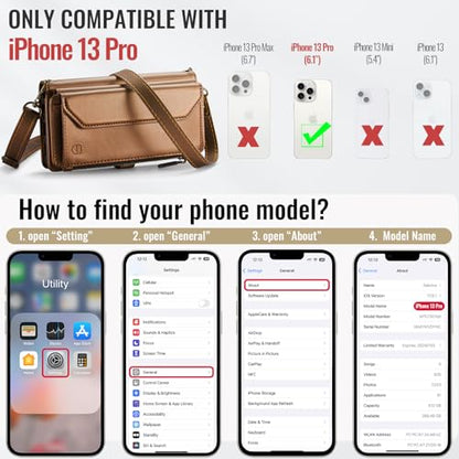 Strapurs Wallet Case Compatible with iPhone 13 Pro RFID Blocking 7-Card Holder Soft PU Leather Magnetic Snap Shoulder Strap Zipper Pocket Phone Case Fit for iPhone 13 Pro 6.1" - Brown | RFID Blocking 7-Card Holder, Shoulder Lanyard, Wirst Strap, Zipper Po