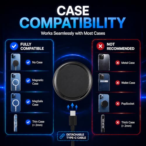 15W Magnetic Wireless Charger with Detachable USB-C Cables & USB-A Adapter - color: Black