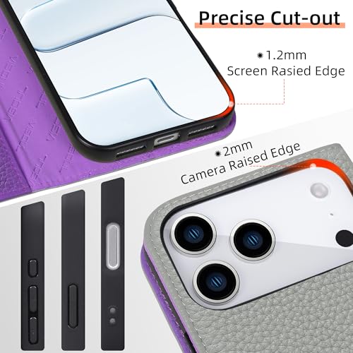 VISOUL Pebbled Leather Wallet Case for iPhone 17 Pro Max 6.9" 2025, Genuine Leather Flip Folio Cover with RFID Blocking Card Holders, Kickstand, Soft TPU Protective Flip Cover -Gray+Purple - color: Gray+Purple