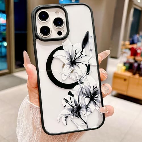 Magnetic for iPhone 12 Pro Max Case [Compatible with MagSafe] Cute Lily Flower Pattern Design for Summer Hawaiian, Clear Shockproof Protective Case for Girls Women-Black - color: Black, size: iPhone 12 Pro Max