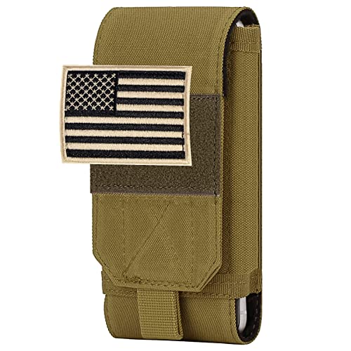 Tactical Molle Phone Cover Case, Heavy Duty Loop Belt Holster Pouch with Flag Patch for iPhone 17 Pro Max/Air/17 Pro/17/16 Pro Max/15 Pro Max/14 Pro Max/13 Pro Max, for Galaxy S26 Ultra - color: Khaki