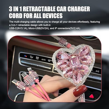 Multi Charging Cable, 3 in 1 Retractable Car Charger, Fast Charging Data Car Cable with Type-C/Lightning/Micro USB Connectors, Universal for Mobile Devices (Pink)