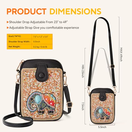 Women's Small Crossbody Cell Phone Bag, Boho Colorful Beaded Purse Wallet with Handmade Cute Patterns - color: Elephant-brown