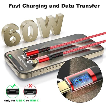60W USB-C to USB-C Charge Cable,3-Pack 10ft Braided Right Angle USB C Cable - color: Red