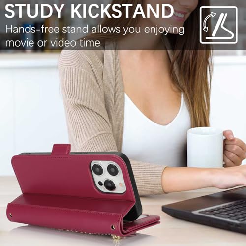 for iPhone 15 Pro Wallet Case for Women,for iPhone 15 Pro Case with Strap Crossbody Lanyard,PU Leather Shockproof Card Holder Stand Zipper Pocket Flip Phone Case-Dark red - color: Dark red