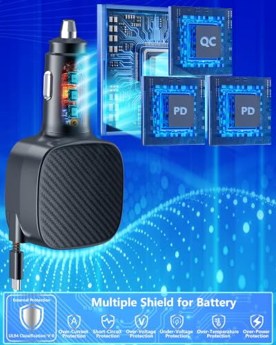 Apple MFi Certified 90W Retractable Car Charger USB C，iPhone 18 Car Charger - size: 2.7FT