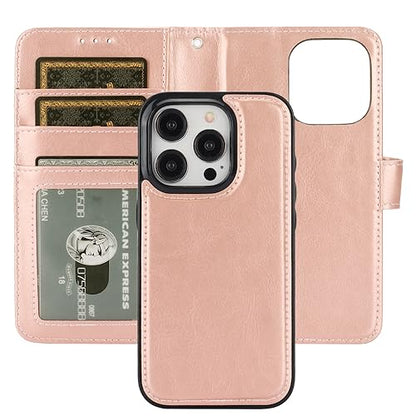 Bocasal Detachable Wallet Case Card Holder for iPhone 15 Pro, Rose Gold | RFID Blocking Kickstand Card Slots Holder PU Leather Magnetic Shockproof Wrist Strap Removable Flip Protective Cover 6.1 inch - color: Rose Gold