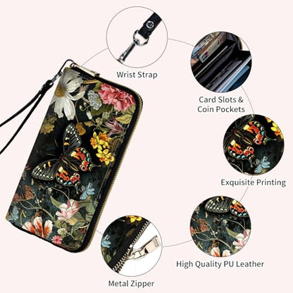 Ladies Wallet,Clutch Purses for Women Wallets Leather Credit Card Holder for Women Wristlet Slim Small Cute with Zipper,Thin RFID Blocking with Wrist Strap,Butterfly Flower - color: Butterfly Flower