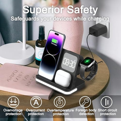 7 in 1 Wireless Charging Station Compatible with Apple Multiple Devices iPhone, AirPods, and Apple Watch - Phone Wireless Charger Fast Charging with Night Lamp and Clock(Black)