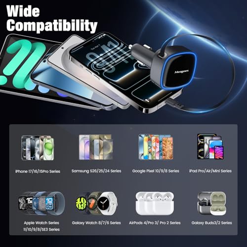 90W Retractable Car Charger USB C Super Fast for iPhone 18 Pro Max/Duo/17