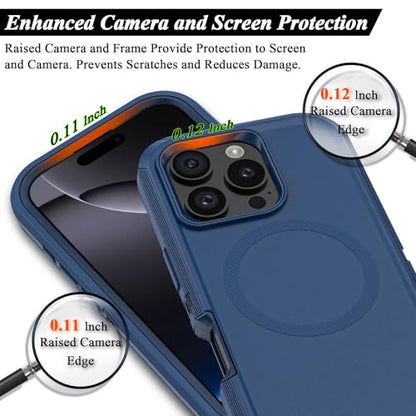 Compatible with iPhone 16 Pro Max Case, with Belt Clip Holster Heavy Duty Magnetic Wireless Charging Full Body Protection Kickstand Cover for iPhone 16 Pro Max 6.9 inch Phone (Navy Blue) - color: Navy Blue