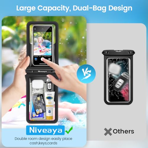 Niveaya IPX8 Double Space Waterproof Phone Pouch (up to 8.3") -2 Pack Waterproof Phone Case with Lanyard for iPhone 17 16 15 Pro Max,Touchscreen & Underwater Photography, Beach Cruise Essentials 2026 - color: Black+ Black, size: Medium 8.3"