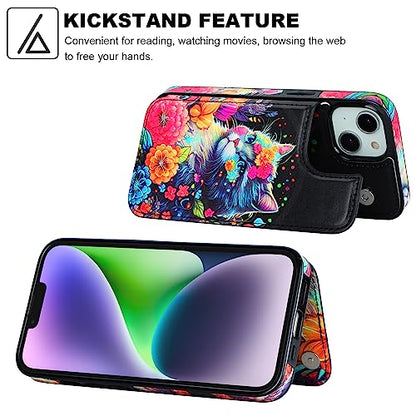 HAOPINSH for iPhone 14 Wallet Case with Card Holder, Flower Cat Pattern Back Flip Folio PU Leather Kickstand Card Slots Case for Women Girls, Double Magnetic Clasp Shockproof Cover 6.1" - color: Flower Cat