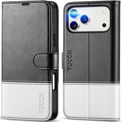 TUCCH Wallet Case for iPhone 17 Pro Max 6.9", 4 Card Holders, Black & White | RFID Blocking, Viewing Stand, Shockproof TPU Shell, PU Leather, Magnetic Closure, Protective Folio Flip Cover - color: Two-tone Black & White