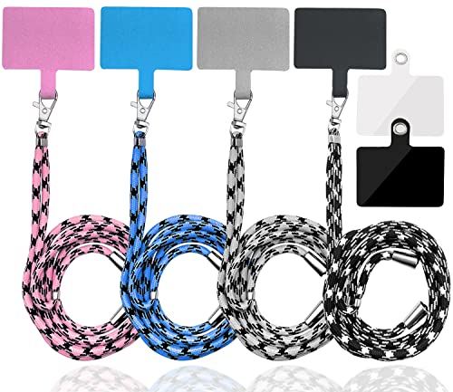 4 Pack Universal Phone Lanyard, Adjustable Nylon Neck Strap Cell Phone Crossbody Lanyards Straps + 6 Pcs Phone Patches, Detachable Strap Safety Tether & Pads for Most Smartphone, Pink/Black/Grey/Blue - color: Black,grey,blue,pink