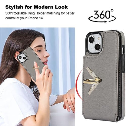 Folosu Compatible with iPhone 14 Case Wallet with Card Holder, 360°Rotation Finger Ring Holder Kickstand, RFID Blocking Leather Protective Double Buttons Shockproof Cover 6.1 Inch Gray - color: Gray, size: iPhone 14