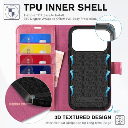 TUCCH Wallet Case for iPhone 17 Pro (6.3") 2025, Flip Stand, Hot Pink | RFID Blocking, 4 Card Holders, Kickstand, PU Leather, Shockproof TPU Shell, Magnetic Closure, Protective Folio Cover - color: Hot Pink