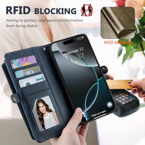 for iPhone 15 Pro Max Wallet Case, Detachable Magnetic Shockproof Phone Case,Faux Leather Crossbody Wallet,with RFID Blocking，Zipper Card Holder，Shoulder Strap (Dark Blue) - color: Darkblue, size: iPhone 15 Pro Max