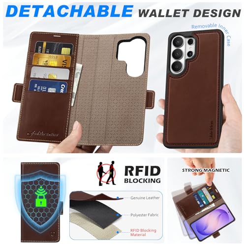 SHIELDON 2 in 1 Leather Case Wallet for Galaxy S26 Ultra 6.9", Retro Coffee | Genuine Leather, Detachable, RFID Blocking, Credit Card Holder, Magnetic Closure, Kickstand, Folio Shock Absorbent Cover - color: Retro Coffee