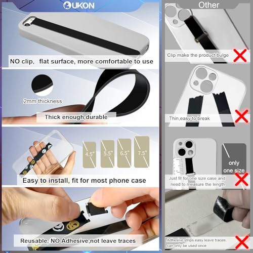 UKON Silicone Phone Grip,2 PCS Phone Strap Reusable Finger Holder with Three Short Silicone Strips DIY Combination to Fit 4.5"-7.5" Phone Case for Travel Shopping Office(Black+Black)
