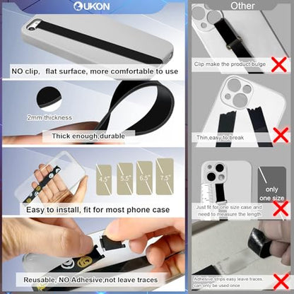 UKON Silicone Phone Grip,2 PCS Phone Strap Reusable Finger Holder with Three Short Silicone Strips DIY Combination to Fit 4.5"-7.5" Phone Case for Travel Shopping Office(Black+Black)