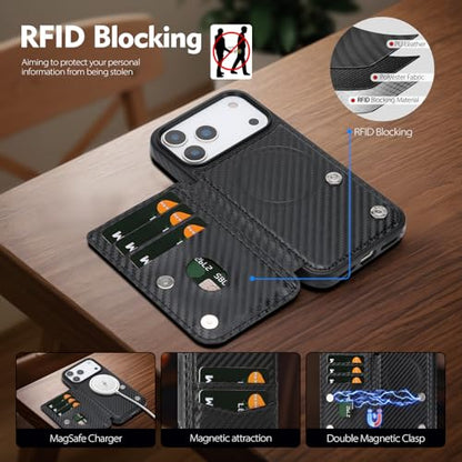SkyEagle Compatible with MagSafe iPhone 17 Pro Max Case Wallet,Carbon Black | Magnetic Clasp,RFID Blocking,PU Leather,Flip Folio Shockproof Phone Cover,with Credit Card Slots & Kickstand for Men & Women - color: Carbon Black, size: iPhone 17 Pro Max - 6.9