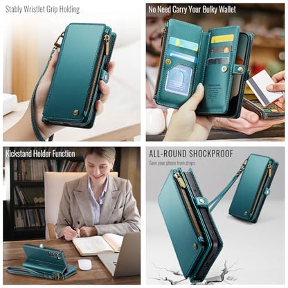 Defencase for Samsung Galaxy S25 Wallet Case with RFID Card Holder, Green | Durable Soft PU Leather, with Zipper Pocket, Wrist Strap, Fashion Snap Flip S25 Phone Cases Cover with Stand for Women Men - color: Blue Green