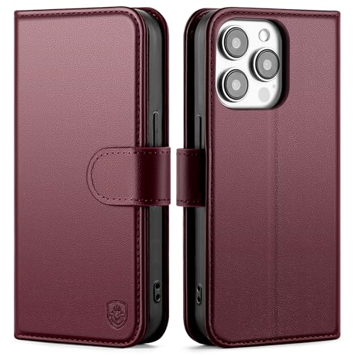 Compatible with iPhone 14 Pro Max Genuine Leather Case Wallet with Card Holder,Women Men Real Leather Flip Folio RFID Blocking Credit Card Slots Phone Cover,for Apple 14 ProMax,Wine Red - color: Wine Red, size: iPhone 14 Pro Max - 6.7"