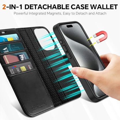TUCCH 2-in-1 Detachable Wallet Case for iPhone 15 Pro (6.1") 2023, Black | 4 Card Holders, RFID Blocking, Wireless Charging, Kickstand, Shockproof TPU, PU Leather, Magnetic, Folio Cover - color: Black (2-in-1 Detachable)