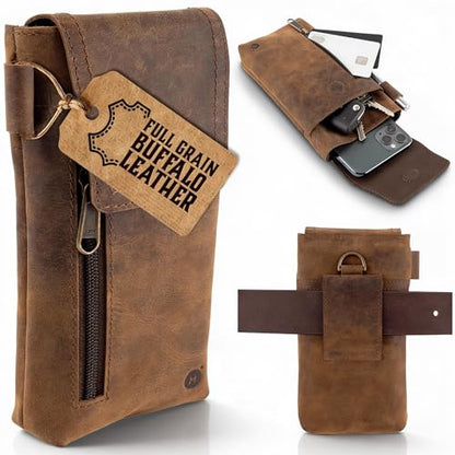 Moonster Leather Phone Holster – Genuine Full-Grain Leather for iPhone 17/16/15/14 Pro Max & Plus, Galaxy S25/S24 Ultra – Slim Belt Clip Phone Pouch with Magnetic Closure, Fits Thick Cases – 7” x 3.5” - color: Brown Vertical