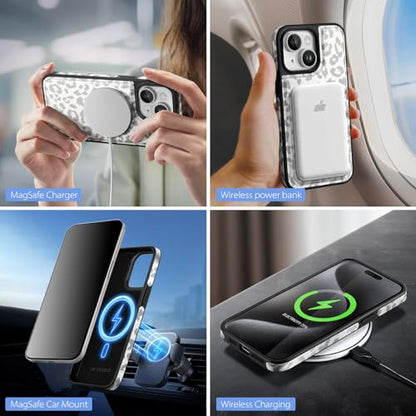 SkyEagle Compatible with MagSafe iPhone 15 Plus Wallet Case,Leopard-White - color: Leopard-White, size: iPhone 15 Plus - 6.7"
