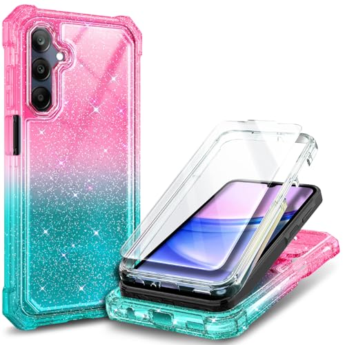 Compatible with Samsung Galaxy A15-5G Phone Case Glitter Pink/Aqua | Full-Body Protective Shockproof Bumper Cover with Tempered Glass Screen Protector, 12FT Military Grade Drop Tested - color: Glitter Pink/Aqua, size: Samsung Galaxy A15-5G