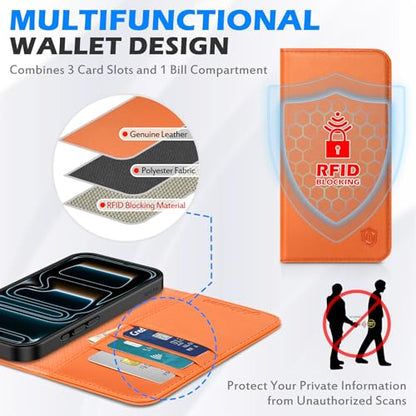 SHIELDON Genuine Leather Case Wallet for iPhone 17 Pro 6.3" 2025, Orange | Magnetic Closure, RFID Blocking, Credit Card Slot, Kickstand, Flip Book Design, Soft Shockproof Phone Cover - color: Orange