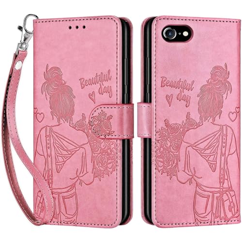 for iPhone SE 2022/7/8/SE 2020 Wallet case, Pink-Girl | 3 Card Holders, Kickstand, Shockproof TPU Shell, PU Leather, Magnetic Closure, Protective Flip Folio Cover, Women - color: 1
