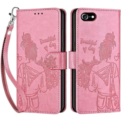 for iPhone SE 2022/7/8/SE 2020 Wallet case, Pink-Girl | 3 Card Holders, Kickstand, Shockproof TPU Shell, PU Leather, Magnetic Closure, Protective Flip Folio Cover, Women - color: 1