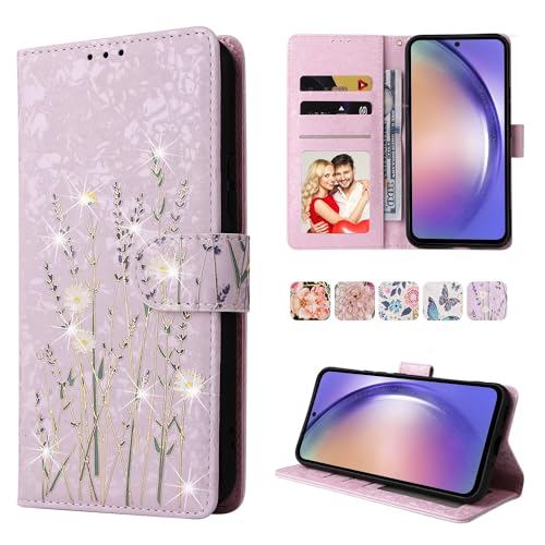 UEEBAI Wallet Case for Samsung Galaxy A15 4G/5G, PU Leather Phone Case Kickstand RFID Blocking Flip Case Card Slots Wrist Strap Relief Engraved Pattern Magnetic Closure Folio Case - Pansy - color: Pansy, size: Samsung Galaxy A15 4G/5G