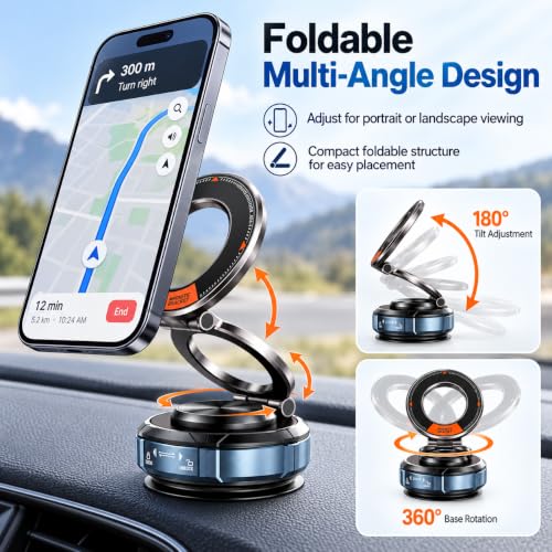 Vacuum Magnetic Car Phone Mount, Zinc Alloy Folding Suction Cup Holder with Sticky Gel Base for Dashboard & Windshield, Compatible with MagSafe iPhone, Samsung and Android Phones