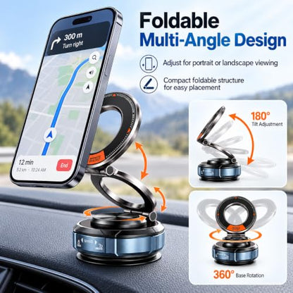 Vacuum Magnetic Car Phone Mount, Zinc Alloy Folding Suction Cup Holder with Sticky Gel Base for Dashboard & Windshield, Compatible with MagSafe iPhone, Samsung and Android Phones