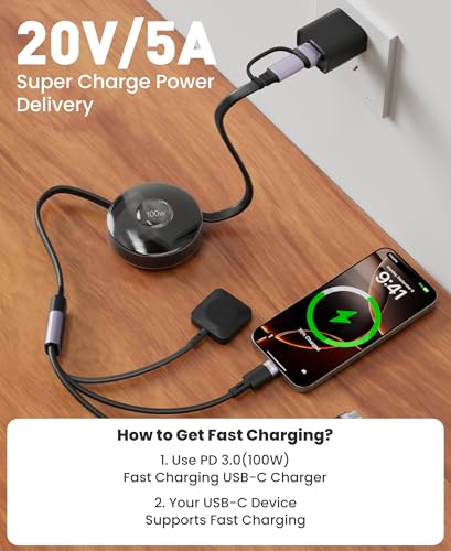 100W Retractable 2X USB-C Charging Cable with Apple Watch Charger - 3-in-1 Dual USB C (100W/10W) and iWatch Fast Charger, Portable Travel Multi Charge Cord for iPhone 15/16/17, iPad, Android, MacBook