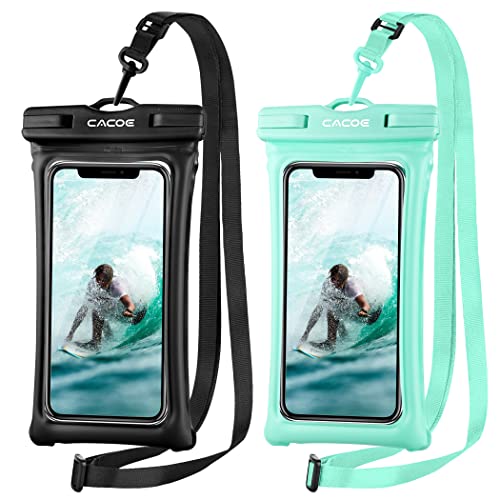 CACOE Floatable Waterproof Phone Pouch 2 Pack Up to 7.0",Black+Green | Floatable, IPX8 Waterproof Phone Case,Adjustable Lanyard,Dry Bags for Beach/Cruise/Travel/Camping/Kayak/Vacation Essentials - color: Black+Green