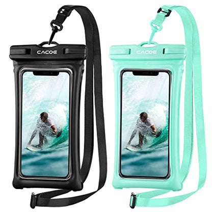 CACOE Floatable Waterproof Phone Pouch 2 Pack Up to 7.0",Black+Green | Floatable, IPX8 Waterproof Phone Case,Adjustable Lanyard,Dry Bags for Beach/Cruise/Travel/Camping/Kayak/Vacation Essentials - color: Black+Green