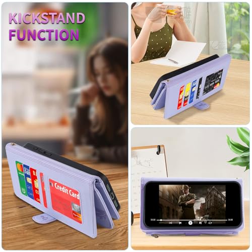 for iPhone 16e/17e Case Wallet,Compatible with MagSafe Magnetic 2 in 1 Magnetic Detachable PU Leather RFID Blocking Wallet Cover Card Holder Zipper Wrist Strap Lanyard,Floral Light Purple - color: Light Purple