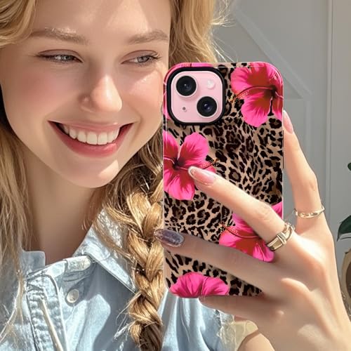 Lovmooful for iPhone 15 Case Cute Flower Leopard-Hibiscus | Compatible for iPhone 15 Case,Aesthetic,Hibiscus,Floral,2 in 1,for Women Girls,Soft TPU+PC,Shockproof,Protective - size: iPhone 15